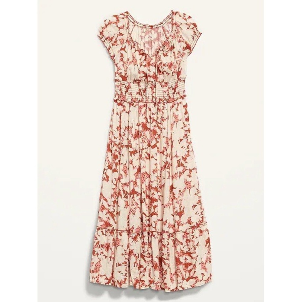 Old Navy Smocked Midi Dress Milkmaid Floral Stretch Peasant Sz M Tall Boho